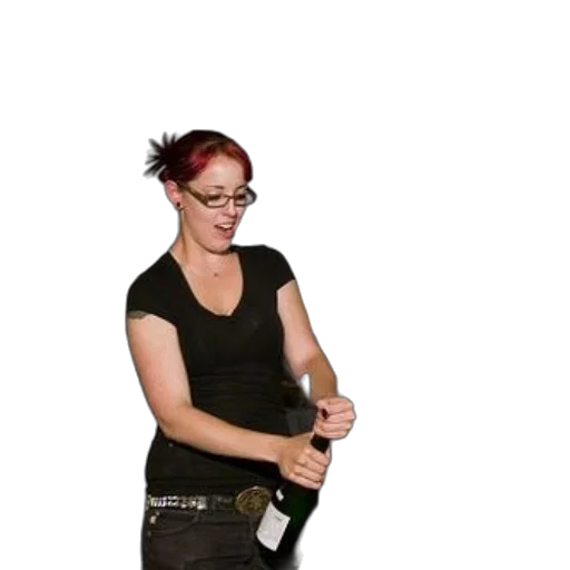 staff, bottle, 3d render, woman, black, shirt, opening, champagne transparent PNG cut-out