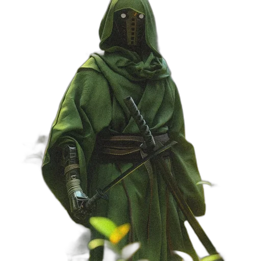 staff, jacket, mask, sword, concept art, fantasy art, 3d render, photorealistic transparent PNG cut-out