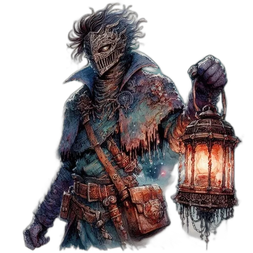 mask, staff, creature, jacket, concept art, fantasy art, comic book art, watercolor transparent PNG cut-out