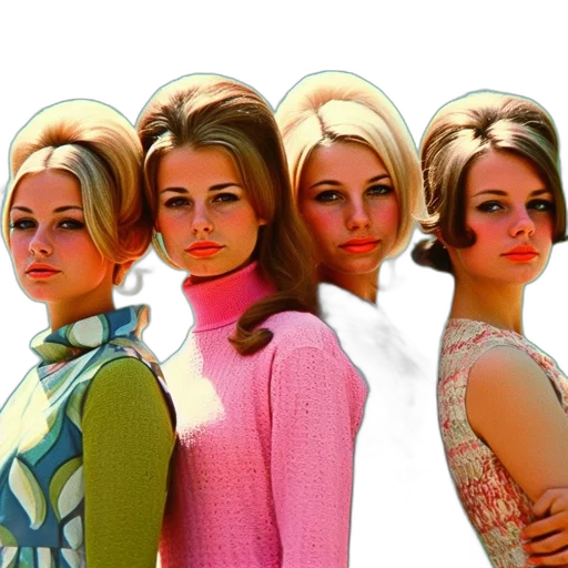 dress, crown, hair, photorealistic, pastel, four, women, 1960s transparent PNG cut-out