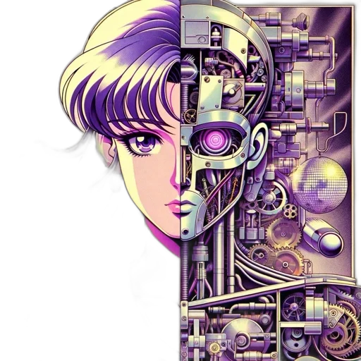 robot, face, weapon, cyberpunk, vaporwave, anime, comic book art, outer space transparent PNG cut-out