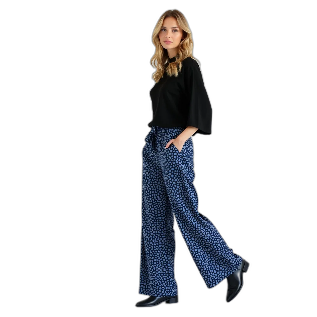 woman, wearing, black, top, blue, patterned, pants, white transparent PNG cut-out