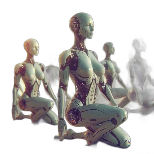 robot, 3d render, concept art, photorealistic, fantasy art, outer space, green, kneeling transparent PNG cut-out