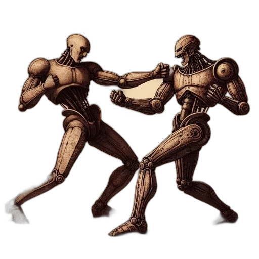 robot, weapon, concept art, comic book art, pixel art, fantasy art, earth tones, two transparent PNG cut-out