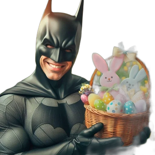 photorealistic, batman, holds, basket, easter, eggs, two, bunnies transparent PNG cut-out