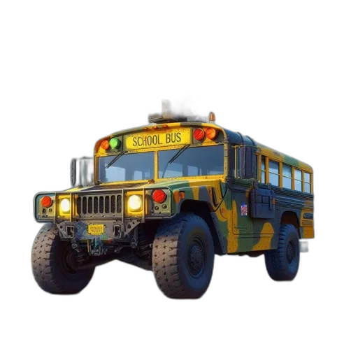 car, 3d render, concept art, pixel art, photorealistic, militarized, school, bus transparent PNG cut-out