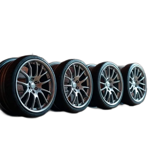 3d render, set, four, shiny, new-looking, alloy, wheels, displayed transparent PNG cut-out