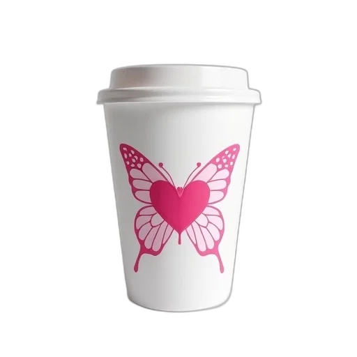 photorealistic, 3d render, vaporwave, pixel art, white, plastic, cup, butterfly transparent PNG cut-out