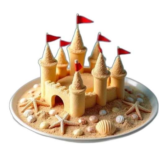 food, crown, 3d render, sandcastle, made, cake, blue, ocean transparent PNG cut-out
