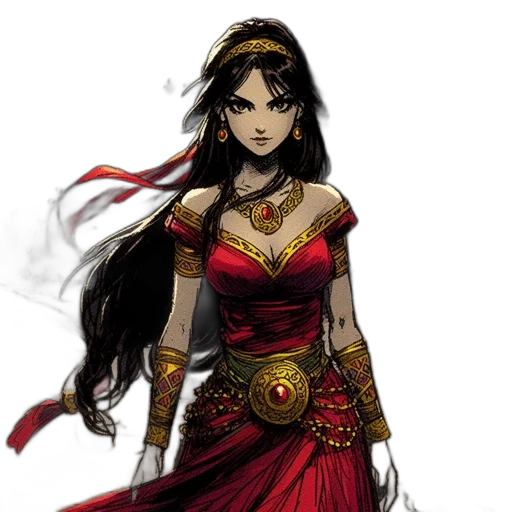 dress, fantasy art, concept art, comic book art, pixel art, red, golden, dark transparent PNG cut-out
