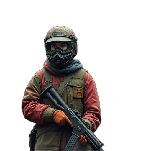 weapon, mask, staff, jacket, 3d render, concept art, pixel art, photorealistic transparent PNG cut-out