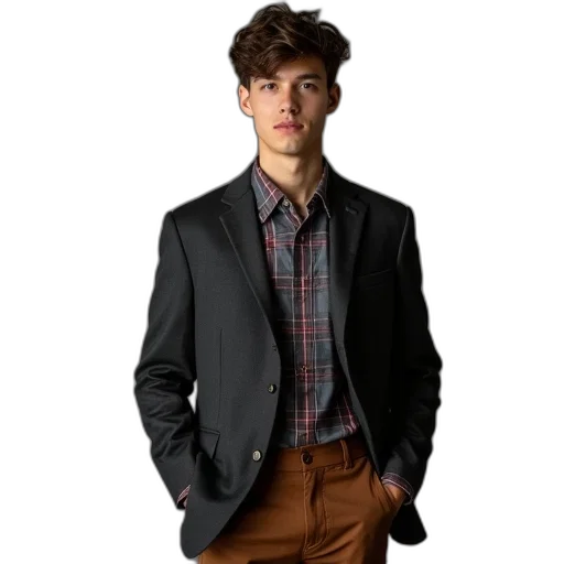 jacket, staff, photorealistic, earth tones, dark, young, man, wearing transparent PNG cut-out