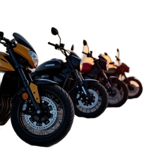 3d render, photorealistic, concept art, row, motorcycles, parked, beach, sunset transparent PNG cut-out