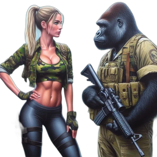 concept art, comic book art, photorealistic, fantasy art, woman, camouflage, outfit, gorilla transparent PNG cut-out