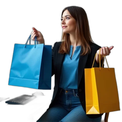 jewelry, photorealistic, 3d render, blue, woman, sitting, desk, computer transparent PNG cut-out