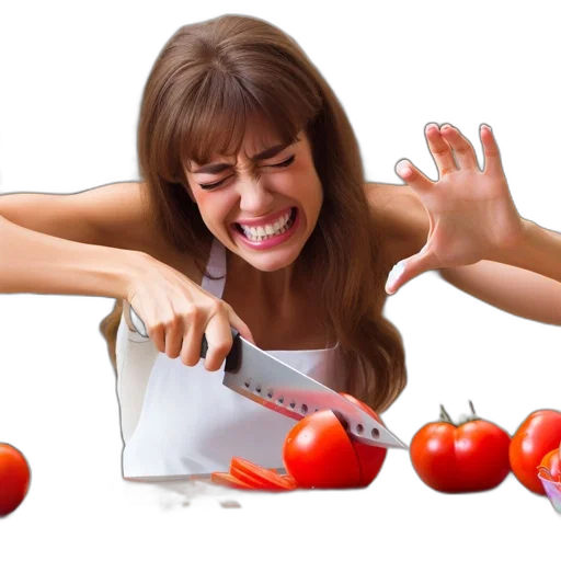 food, photorealistic, kitchen, setting, woman, holds, knife, cut transparent PNG cut-out