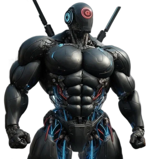 robot, 3d render, concept art, cyberpunk, comic book art, large, dark, metallic transparent PNG cut-out