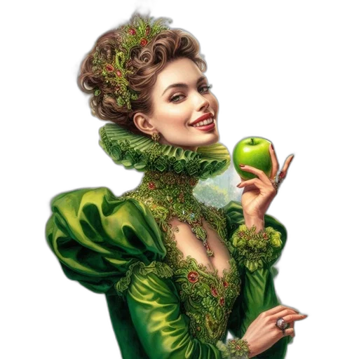 crown, dress, jewelry, photorealistic, fantasy art, concept art, oil painting, green transparent PNG cut-out