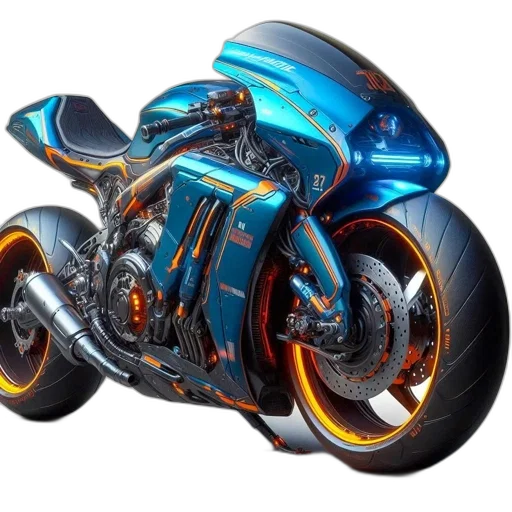 photorealistic, concept art, 3d render, fantasy art, futuristic, blue, motorcycle, orange transparent PNG cut-out