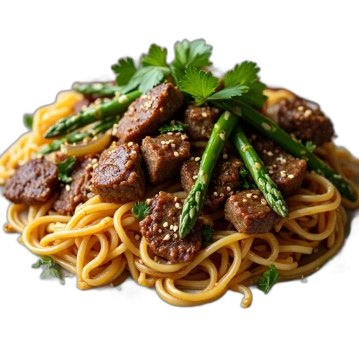 food, animal, photorealistic, 3d render, plate, beef, stir-fry, noodles transparent PNG cut-out
