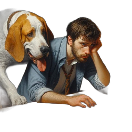 animal, photorealistic, oil painting, concept art, watercolor, man, seated, wooden transparent PNG cut-out