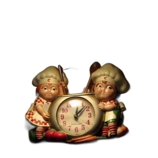 3d render, photorealistic, concept art, clock, two, cartoon, chefs, holding transparent PNG cut-out