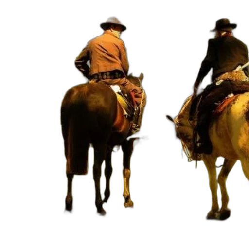 concept art, 3d render, photorealistic, three, cowboys, traditional, attire, ride transparent PNG cut-out