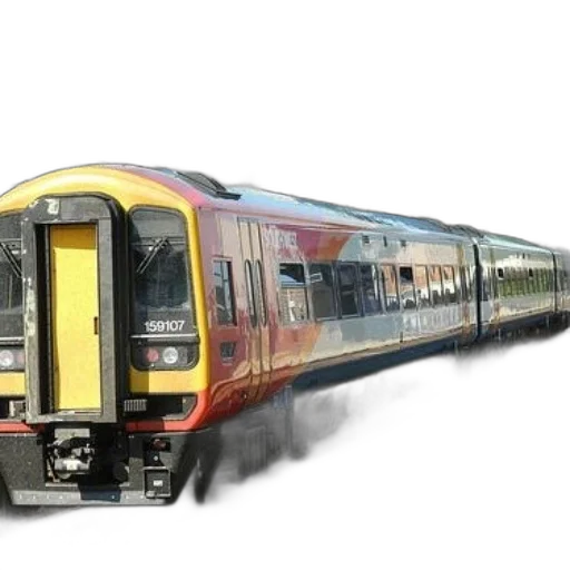 weapon, photorealistic, 3d render, concept art, modern, passenger, train, yellow transparent PNG cut-out