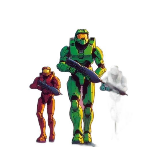 robot, weapon, concept art, pixel art, comic book art, 3d render, outer space, green transparent PNG cut-out