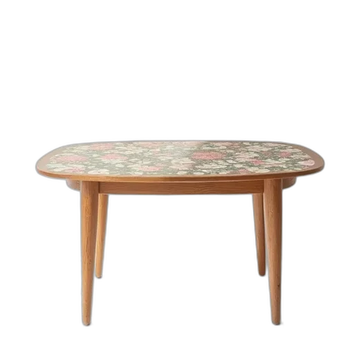 furniture, 3d render, wooden, table, floral, patterned, top, placed transparent PNG cut-out