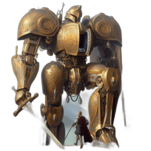 robot, weapon, sword, concept art, 3d render, fantasy art, photorealistic, golden transparent PNG cut-out