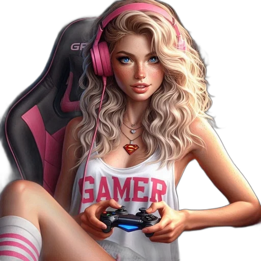 fantasy art, pixel art, photorealistic, concept art, female, gamer, superman, necklace transparent PNG cut-out
