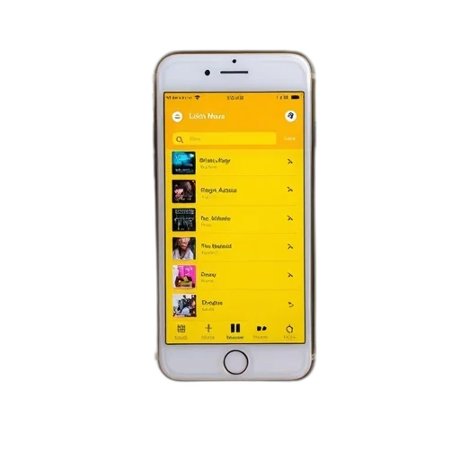 smartphone, screen, displaying, music, player, interface, yellow, background transparent PNG cut-out
