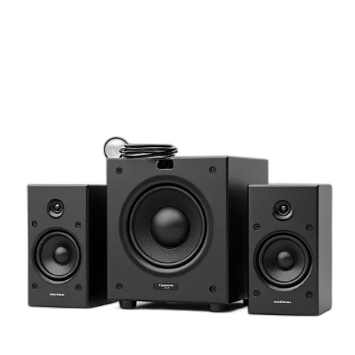 3d render, black, speaker, system, two, speakers, subwoofer, displayed transparent PNG cut-out