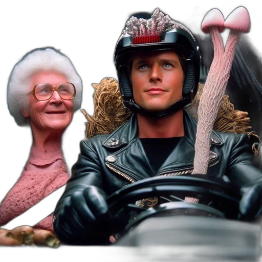 photorealistic, two, people, elderly, woman, pink, helmeted, man transparent PNG cut-out