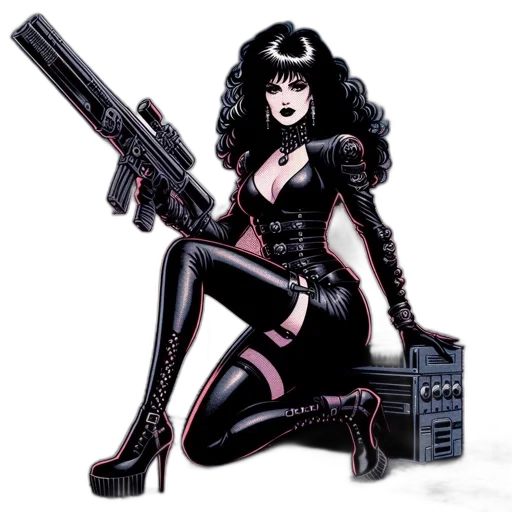 weapon, comic book art, cyberpunk, concept art, pixel art, gothic, woman, long transparent PNG cut-out