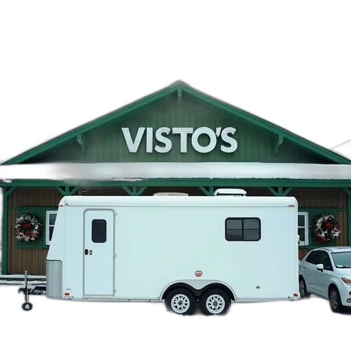 building, white, trailer, parked, front, green, sign, reads transparent PNG cut-out