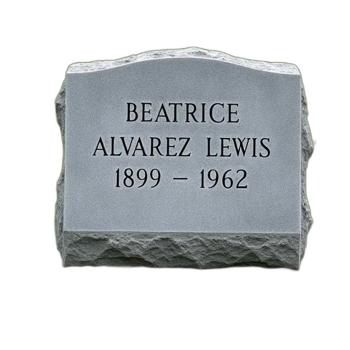 weathered, headstone, name, beatrice, alvarez, lewis, dates, 1899-1962 transparent PNG cut-out