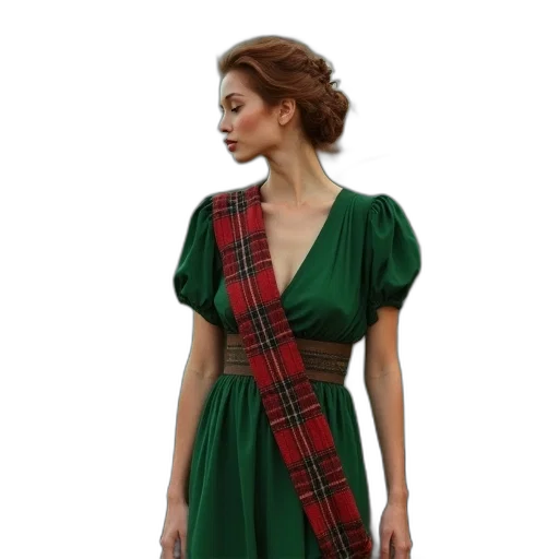 dress, green, woman, red, black, plaid, sash, stands transparent PNG cut-out