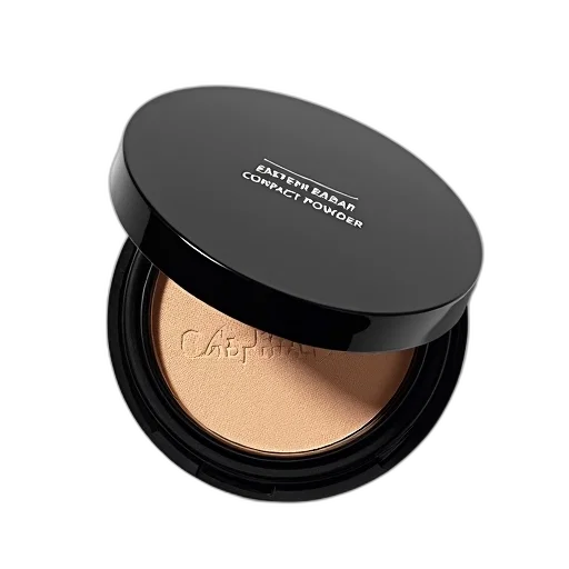 black, compact, powder, silver, lid, displayed, white, background transparent PNG cut-out