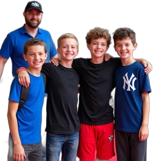 staff, group, four, young, boys, posing, photo, red transparent PNG cut-out