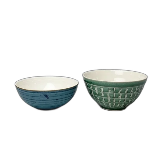 green, two, ceramic, bowls, woven, pattern, displayed, side transparent PNG cut-out