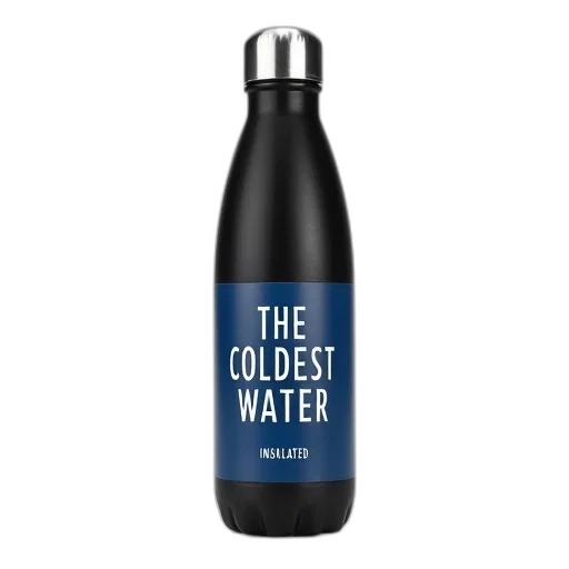 bottle, black, blue, cylindrical, label, reads, coldest, water transparent PNG cut-out