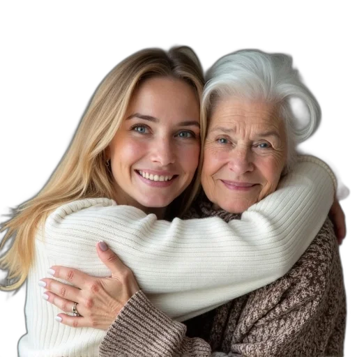 jewelry, photorealistic, young, woman, blonde, hair, hugging, elderly transparent PNG cut-out