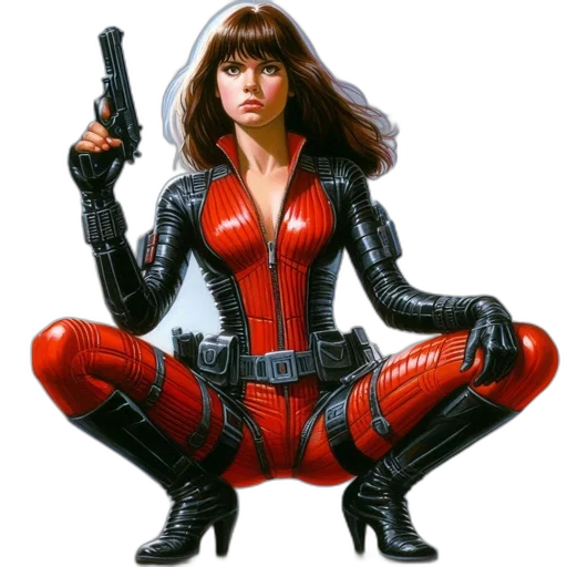 weapon, comic book art, concept art, photorealistic, red, woman, black, leather-like transparent PNG cut-out