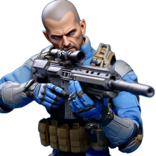 weapon, concept art, 3d render, cyberpunk, comic book art, blue, bald, male transparent PNG cut-out