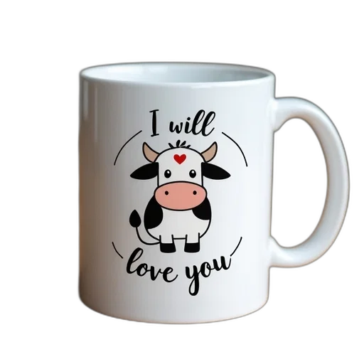 white, ceramic, mug, cartoon, cow, illustration, phrase, will transparent PNG cut-out