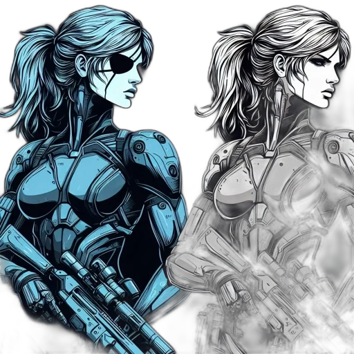 concept art, comic book art, fantasy art, cyberpunk, blue, female, character, depicted transparent PNG cut-out