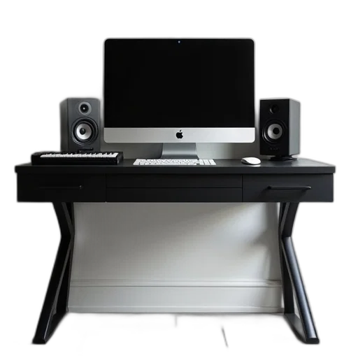 furniture, 3d render, photorealistic, sleek, modern, black, computer, desk transparent PNG cut-out