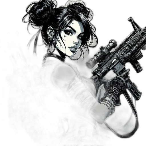 weapon, comic book art, concept art, cyberpunk, fantasy art, fierce, heavily, armed transparent PNG cut-out